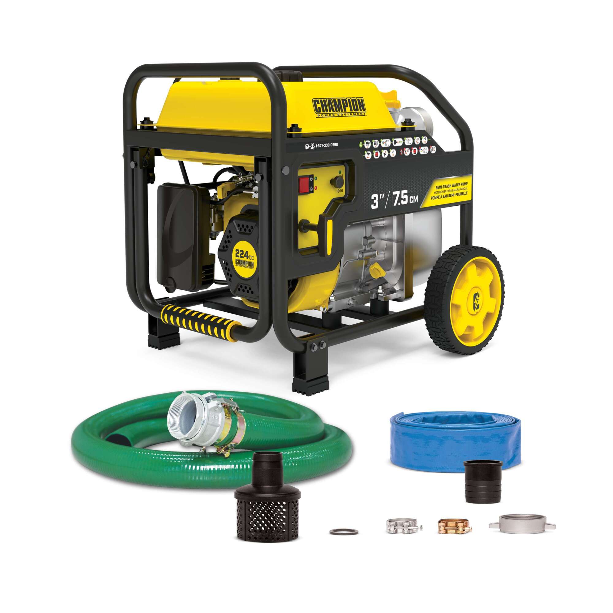 Champion Power Equipment, 3in. Semi-Trash Gas Water Pump w/Hose Wheel Kit, Max. Flow 264 GPM, Engine Displacement 224 cc, Engine Brand Champion, Model# 100743